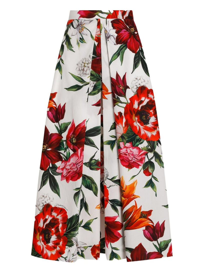 Flower-print pleated poplin skirt