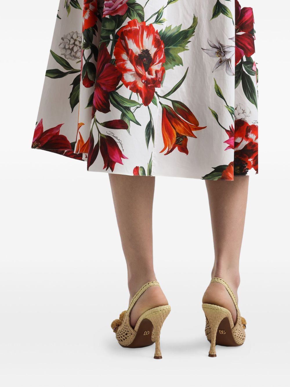 Flower-print pleated poplin skirt