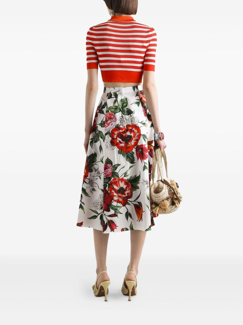Flower-print pleated poplin skirt