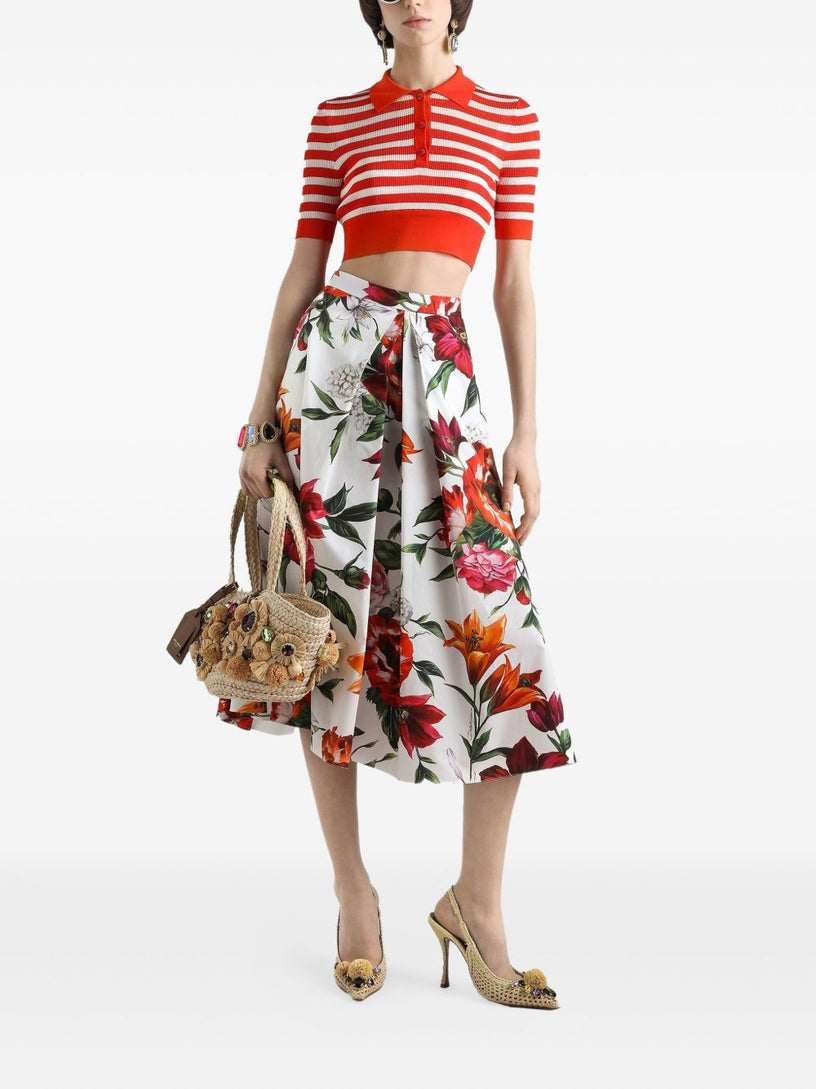 Flower-print pleated poplin skirt