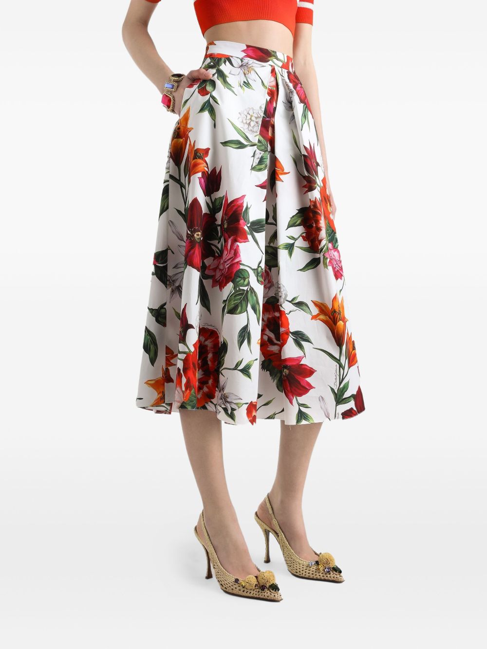 Flower-print pleated poplin skirt