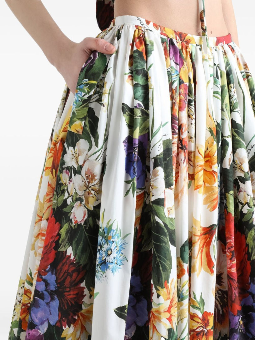 Flower-bouquet print midi skirt