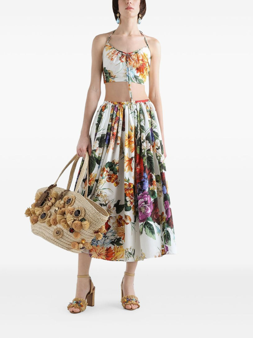 Flower-bouquet print midi skirt