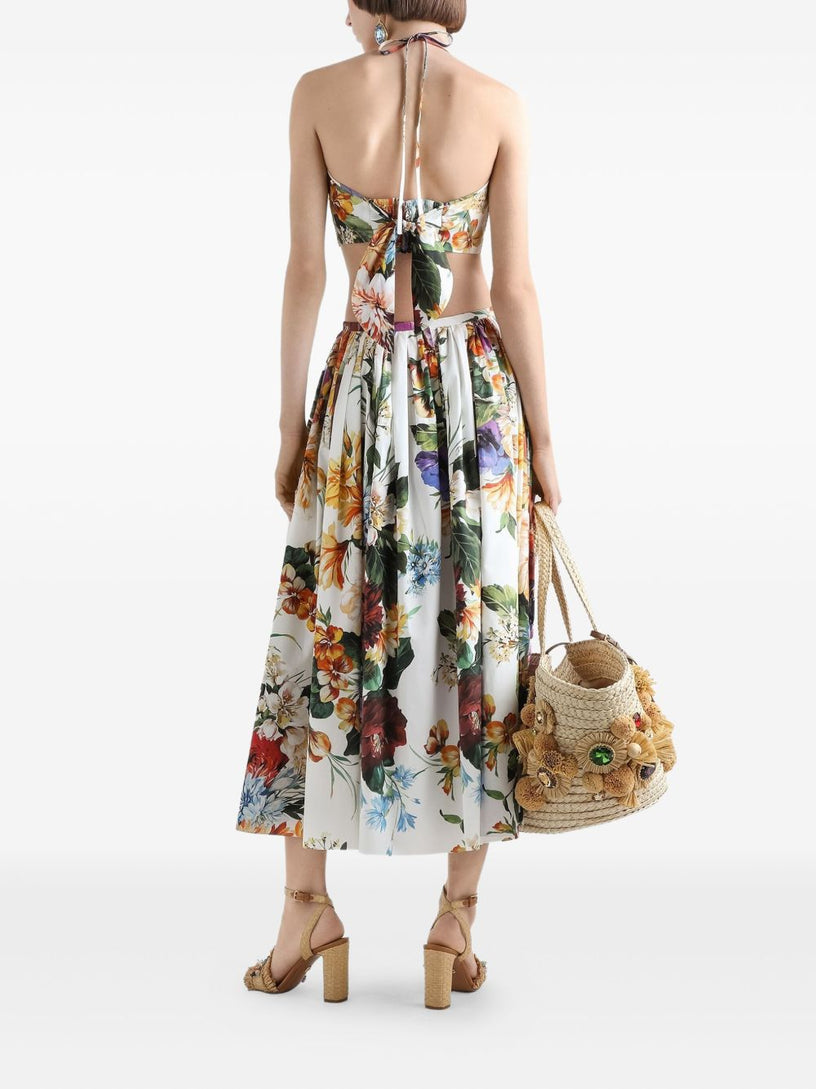 Flower-bouquet print midi skirt