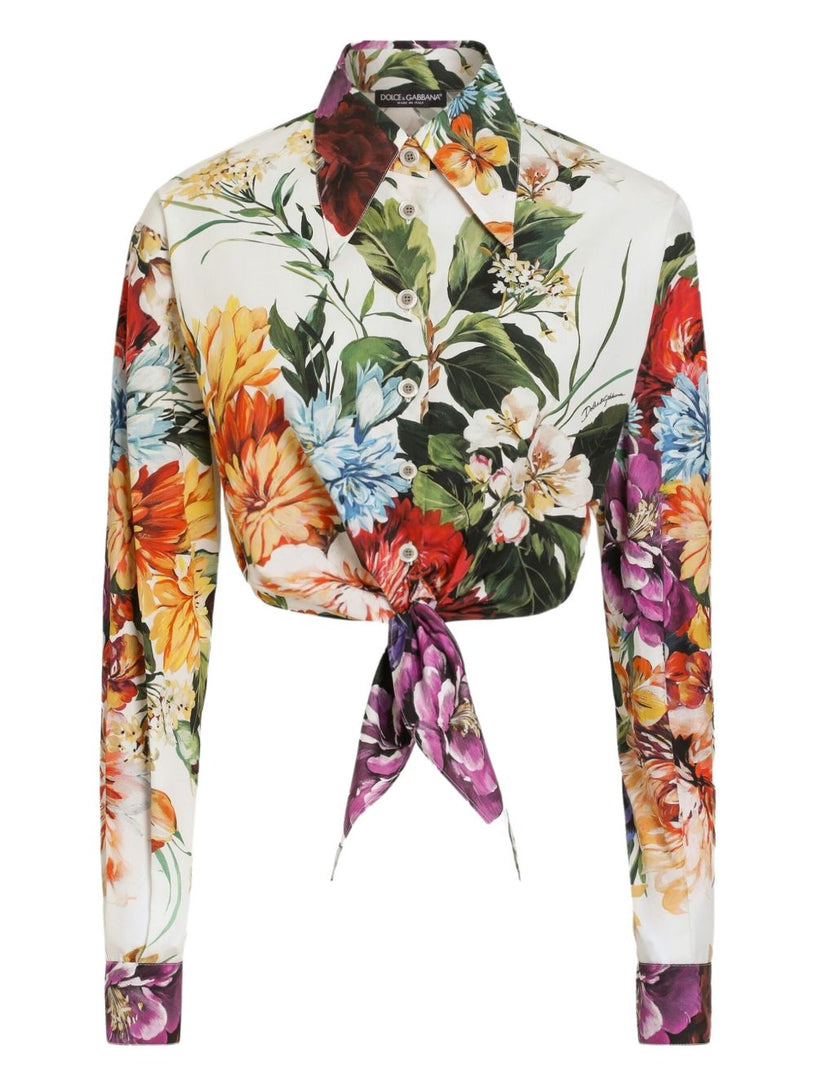 Flower-bouquet print poplin shirt