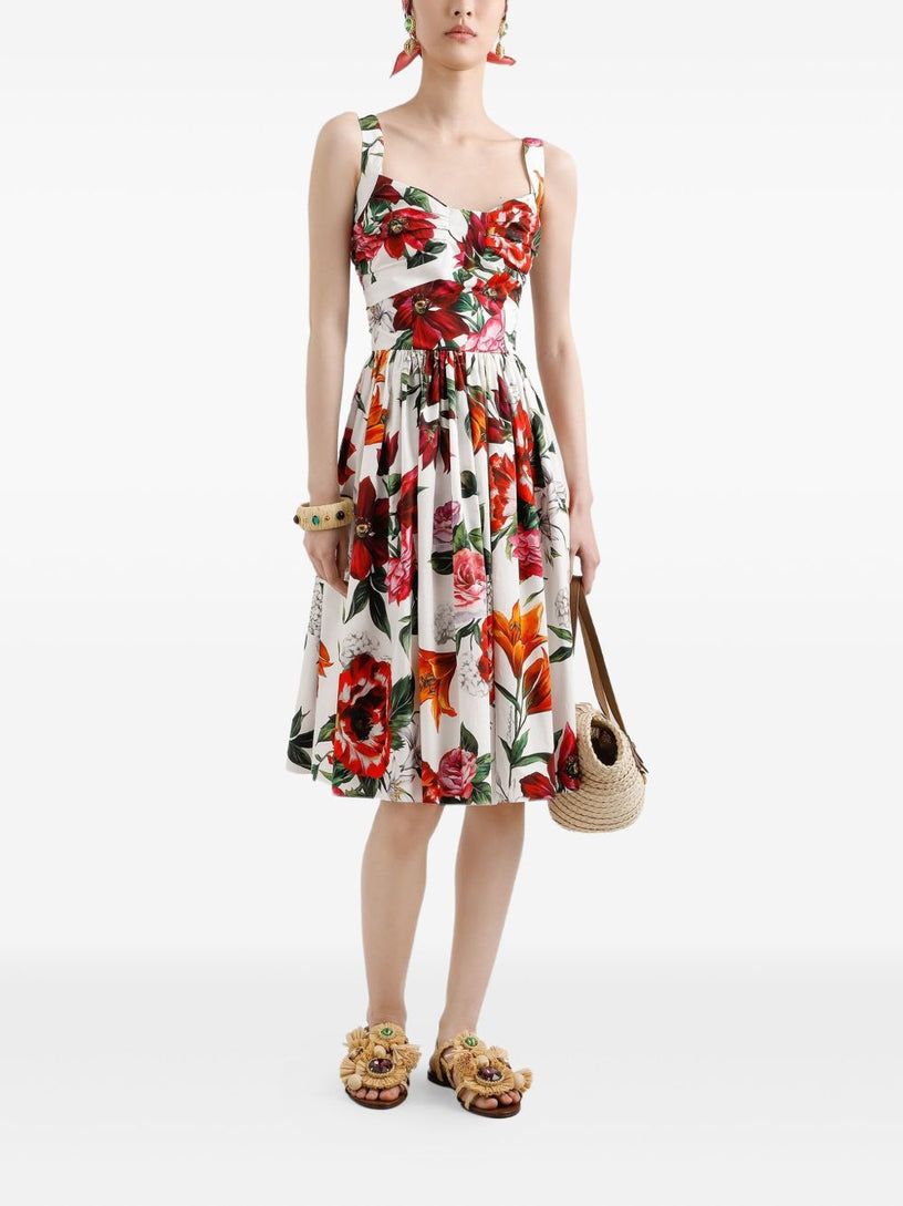 Flower-print sleeveless poplin dress