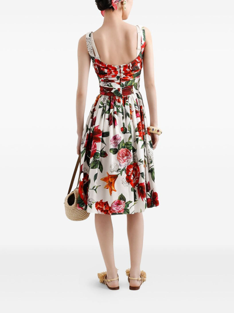 Flower-print sleeveless poplin dress