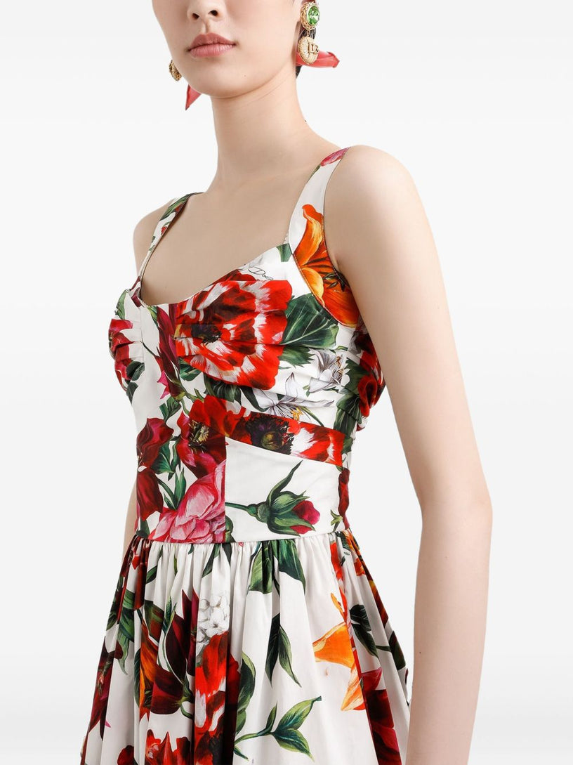 Flower-print sleeveless poplin dress