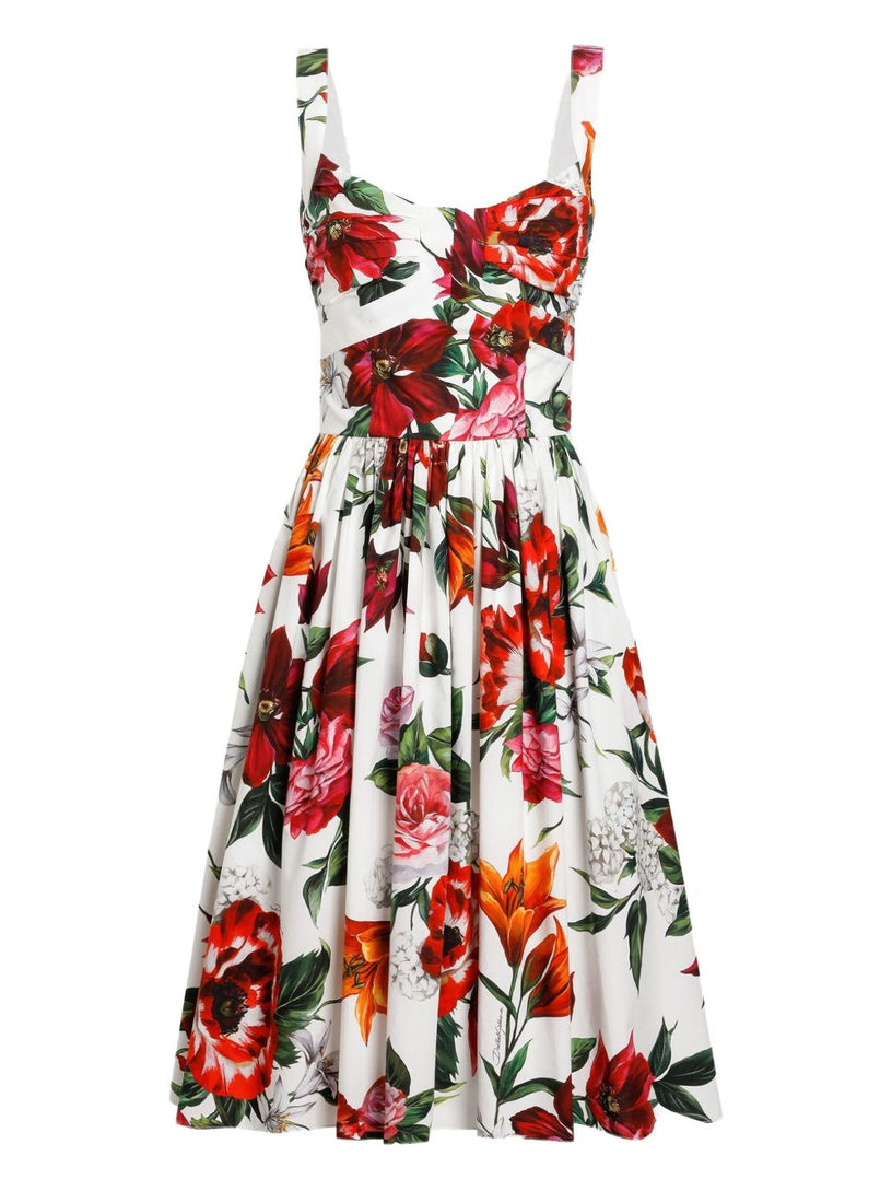 Flower-print sleeveless poplin dress