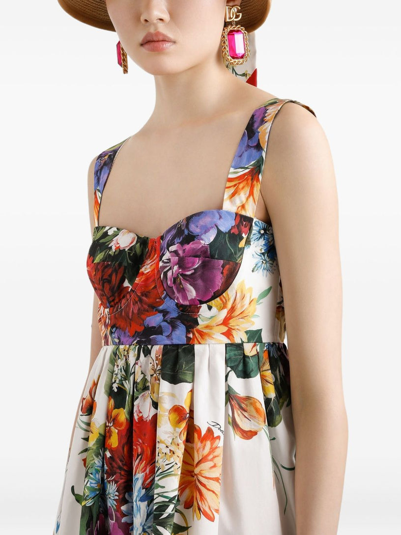 Flower bouquet-print poplin dress