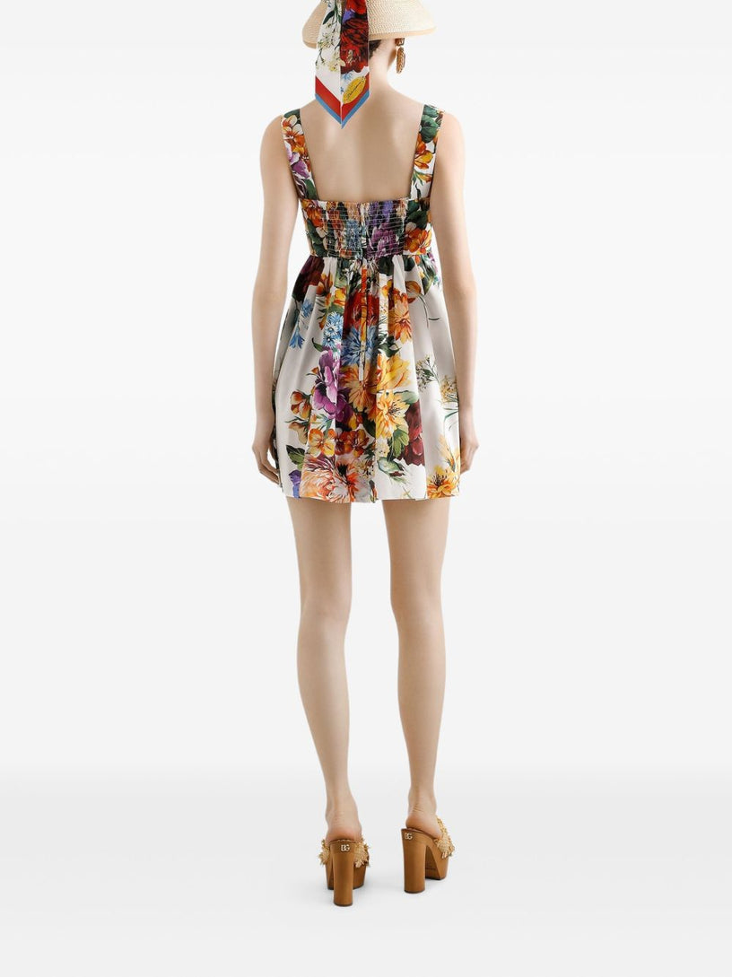 Flower bouquet-print poplin dress