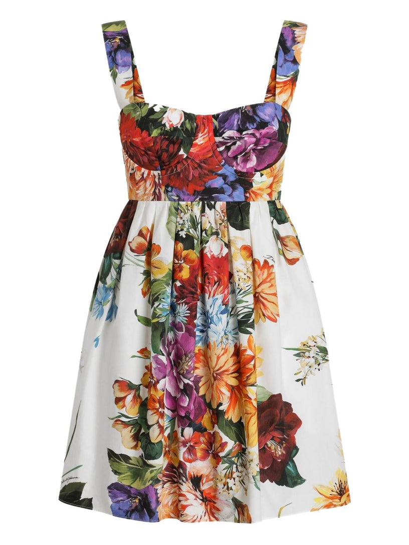 Flower bouquet-print poplin dress
