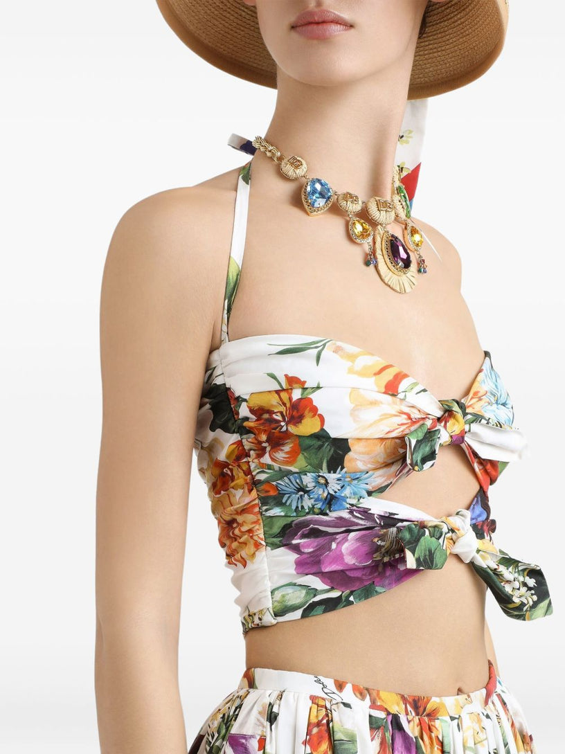 Flower bouquet-print poplin top