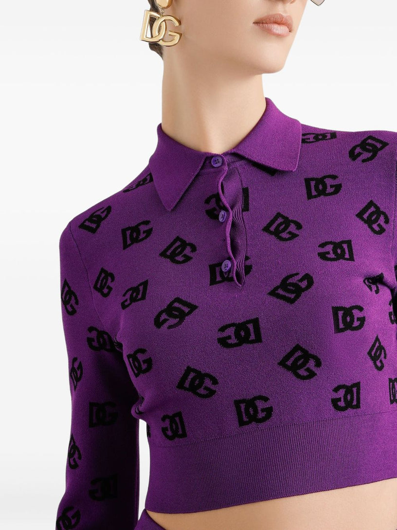 Long-sleeved polo shirt in jacquard viscose