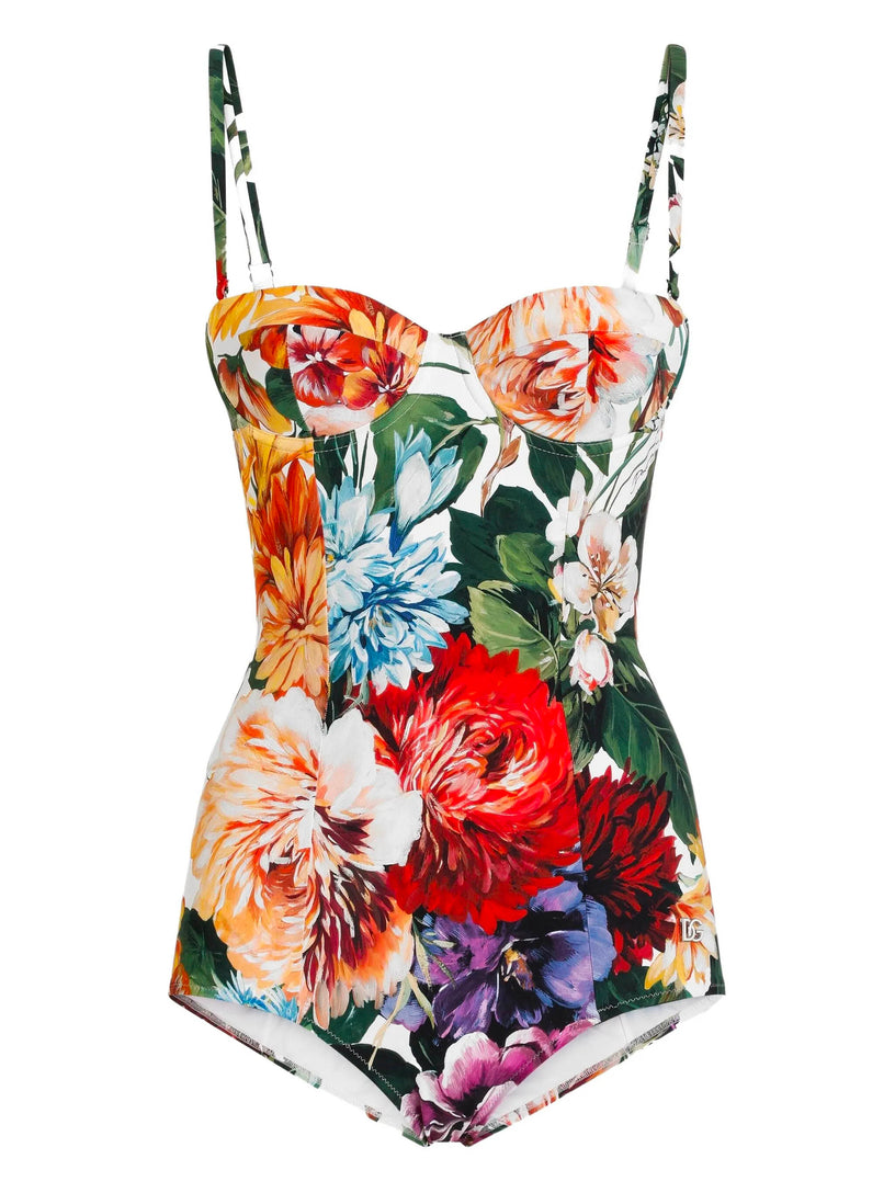 Padded balconette swimsuit with floral print