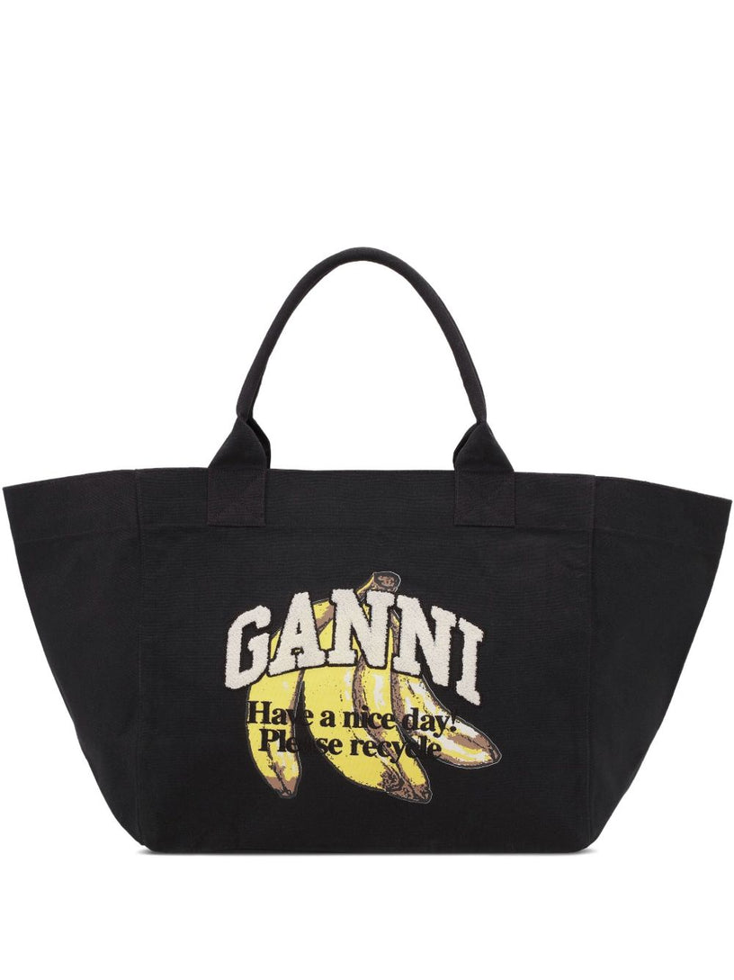 XXL Black Tote Bag with Banana Print