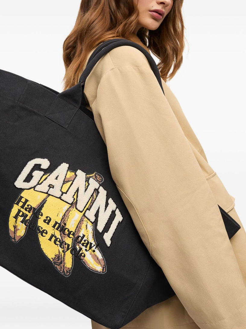XXL Black Tote Bag with Banana Print