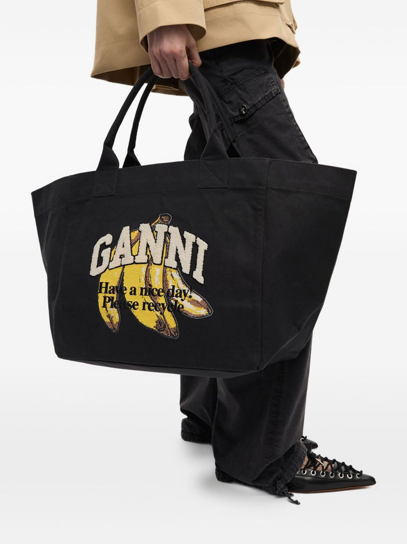 XXL Black Tote Bag with Banana Print