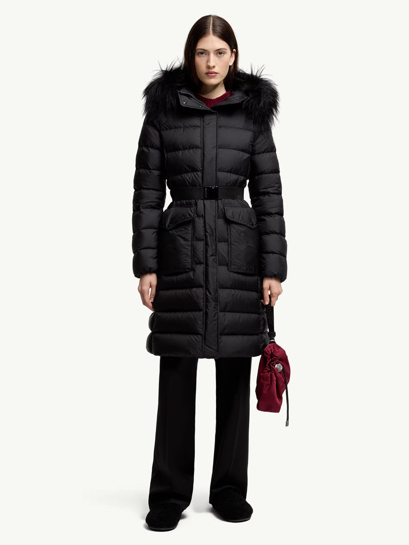 Khloesse long down jacket with hood and shearling hem