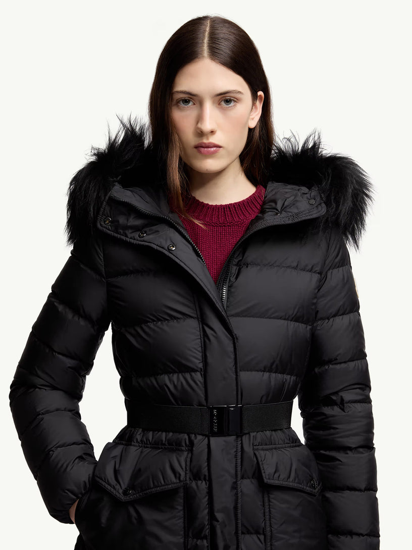 Khloesse long down jacket with hood and shearling hem