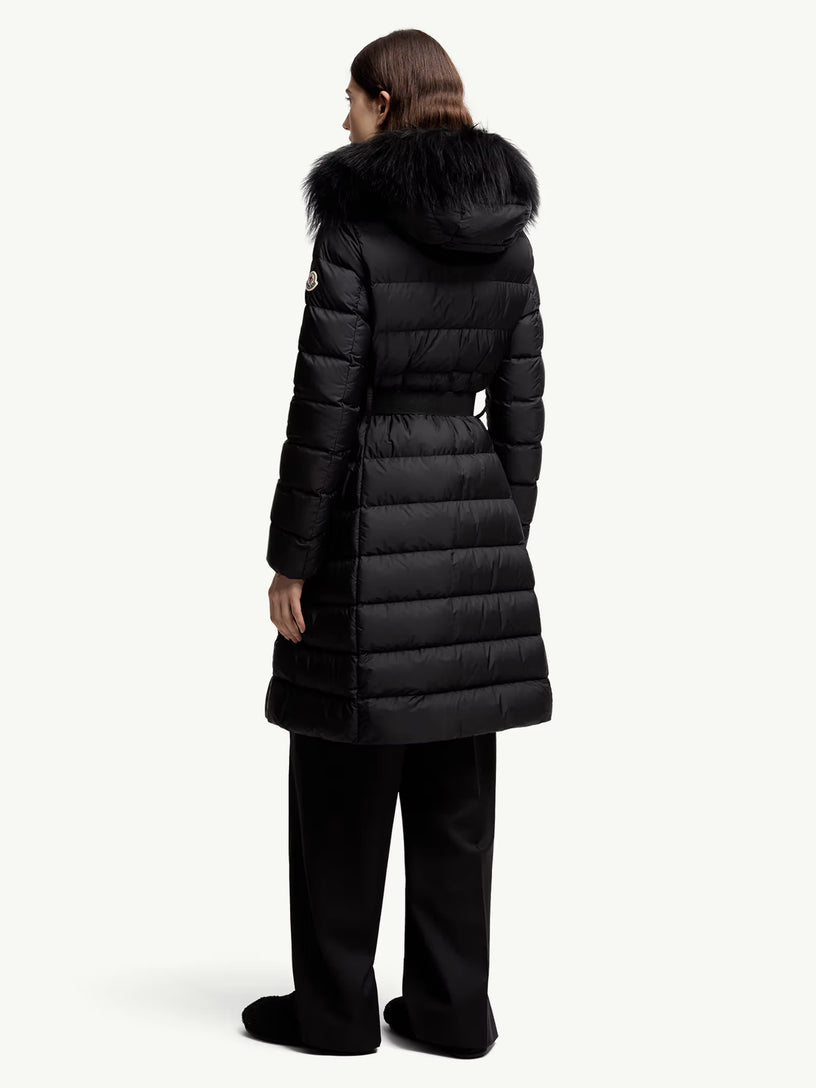 Khloesse long down jacket with hood and shearling hem
