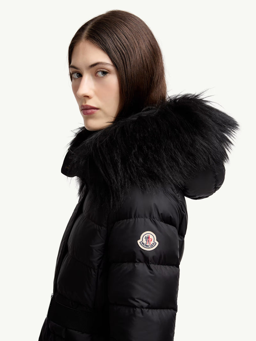 Khloesse long down jacket with hood and shearling hem