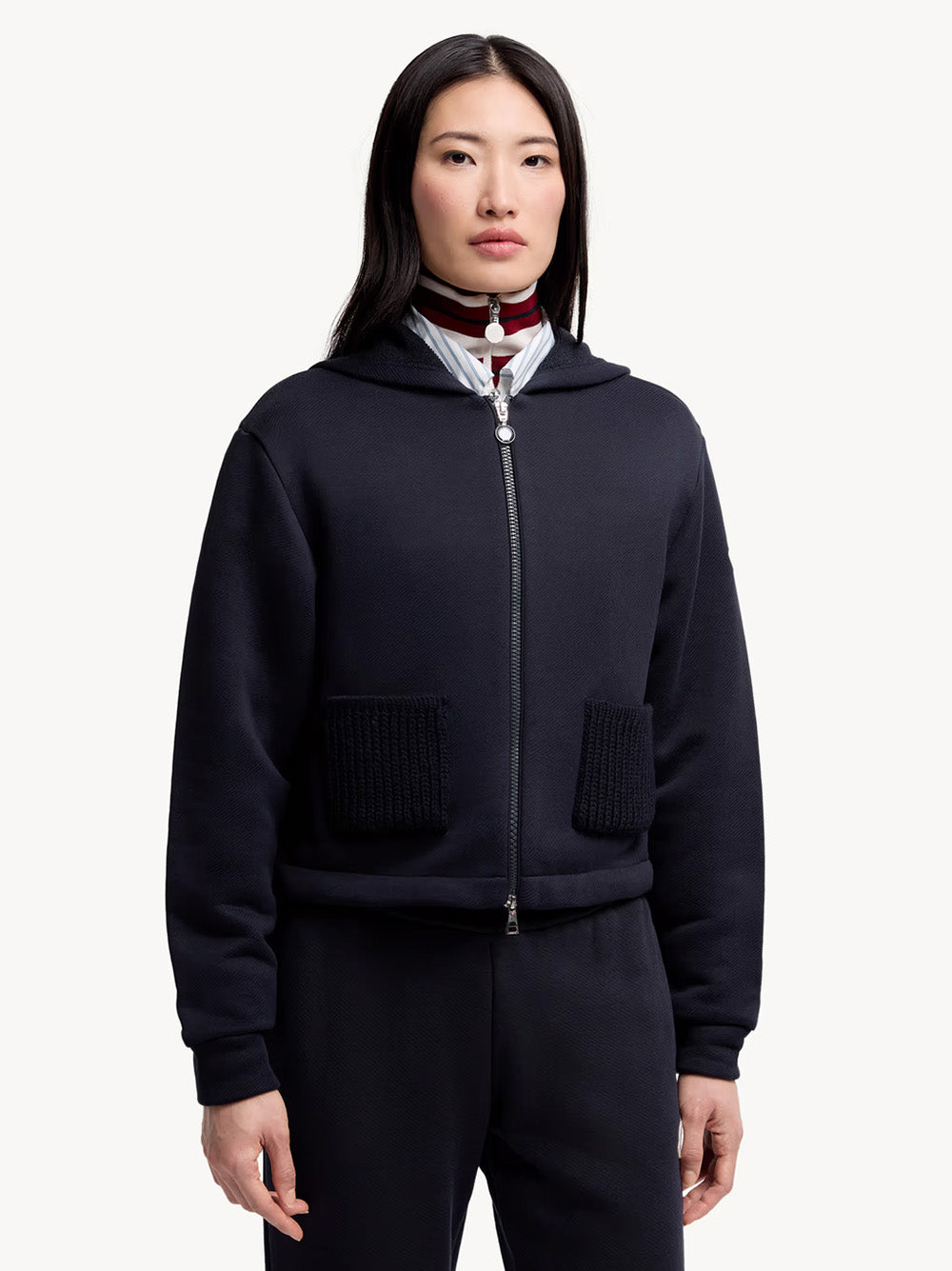 Knit Accent Cotton Zip-Up Hoodie