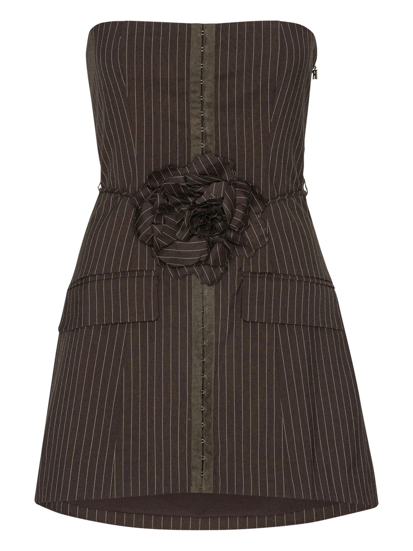 Pinstripe rose-embellished mini dress