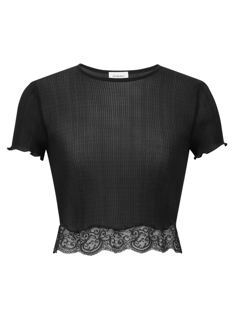 Ribbed silk and lace T-shirt