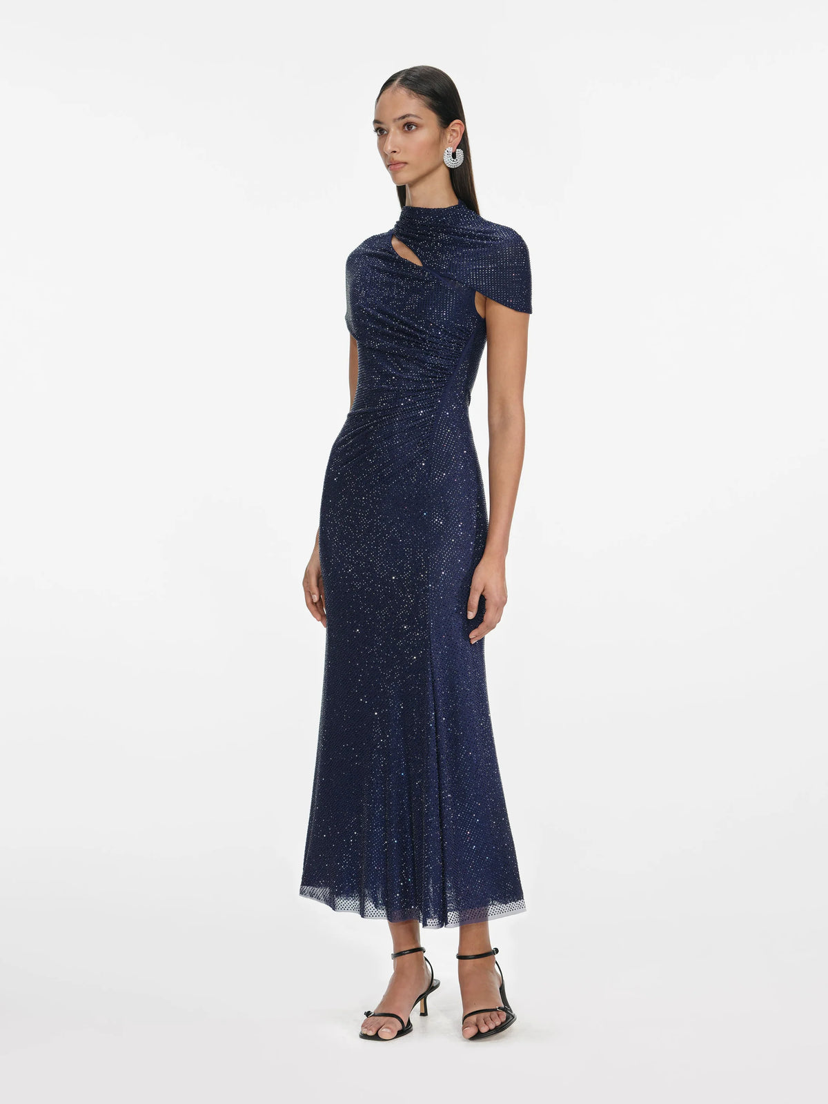 Rhinestone mesh cut out midi dress