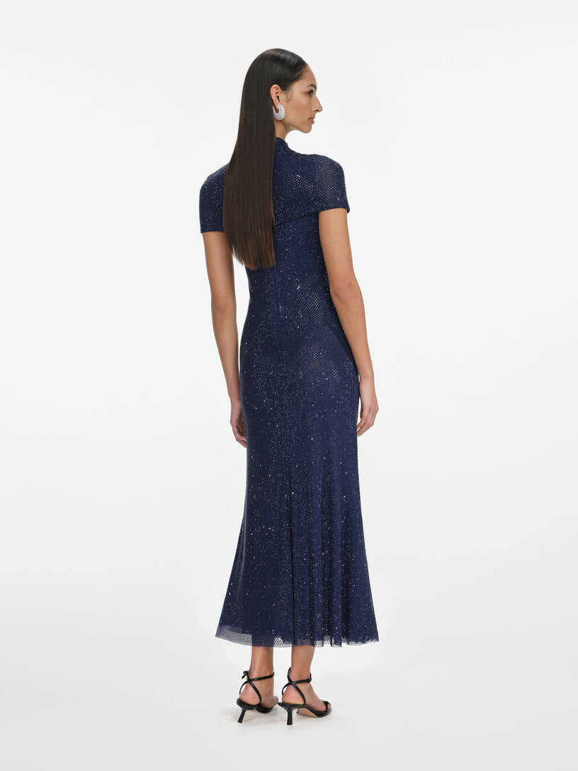 Rhinestone mesh cut out midi dress