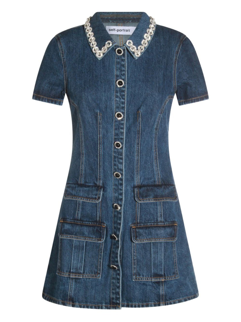 Denim crystal trim collared mini dress