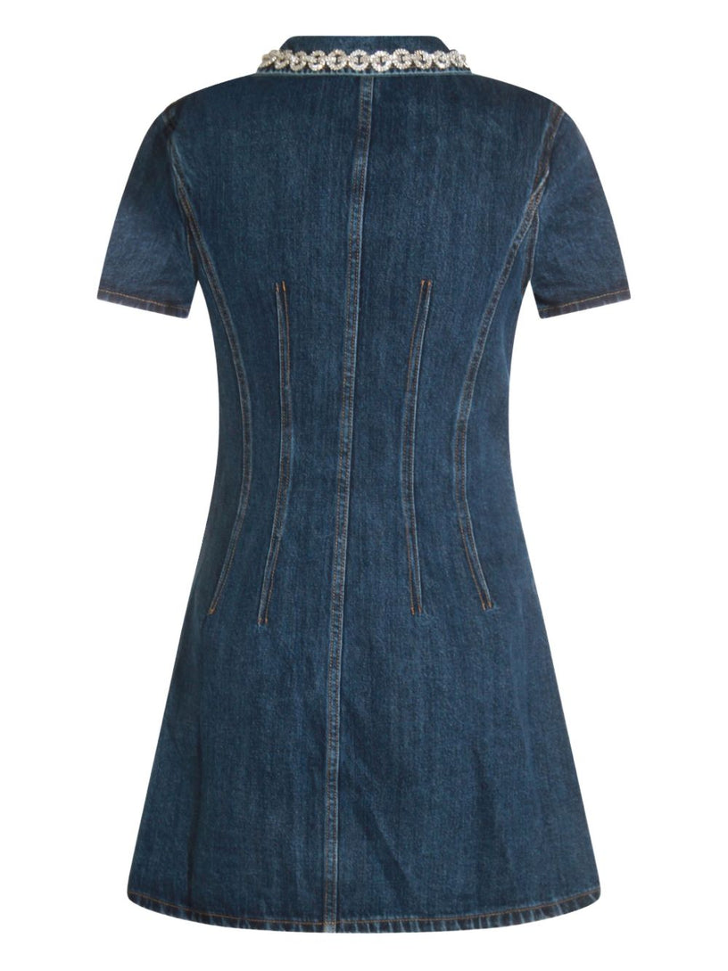 Denim crystal trim collared mini dress