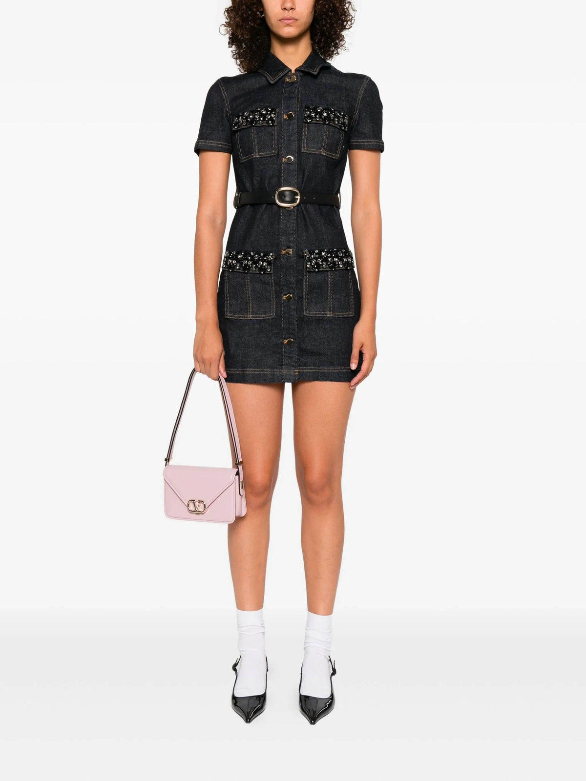 Indigo denim crystal trim mini dress
