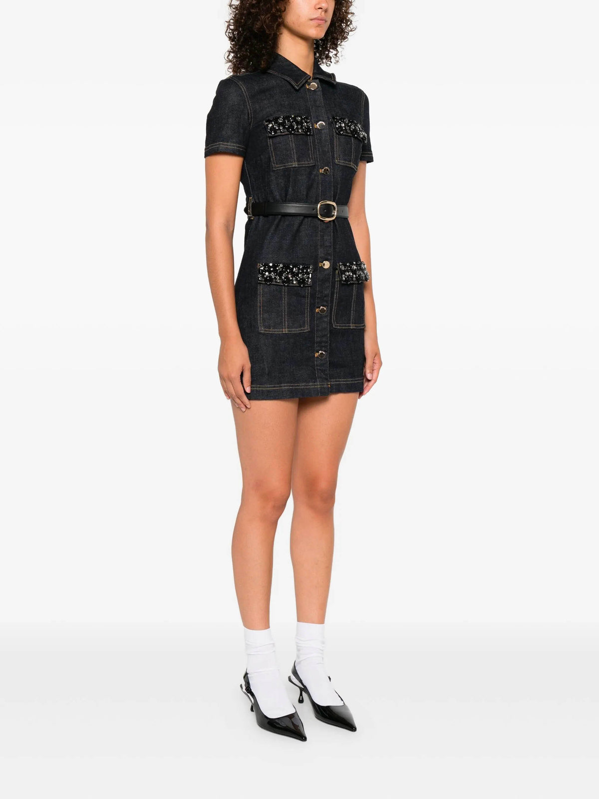 Indigo denim crystal trim mini dress