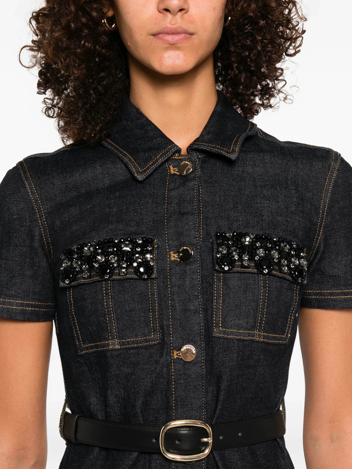Indigo denim crystal trim mini dress