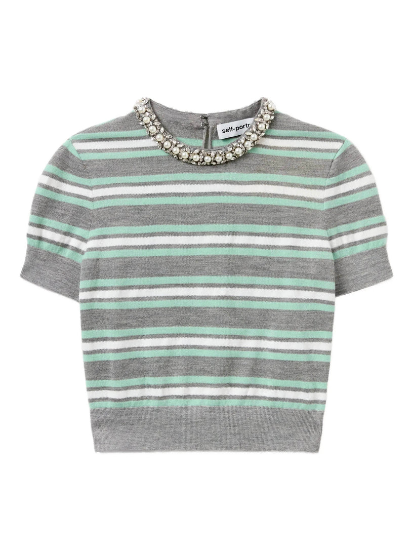 Striped crystal trim knit top