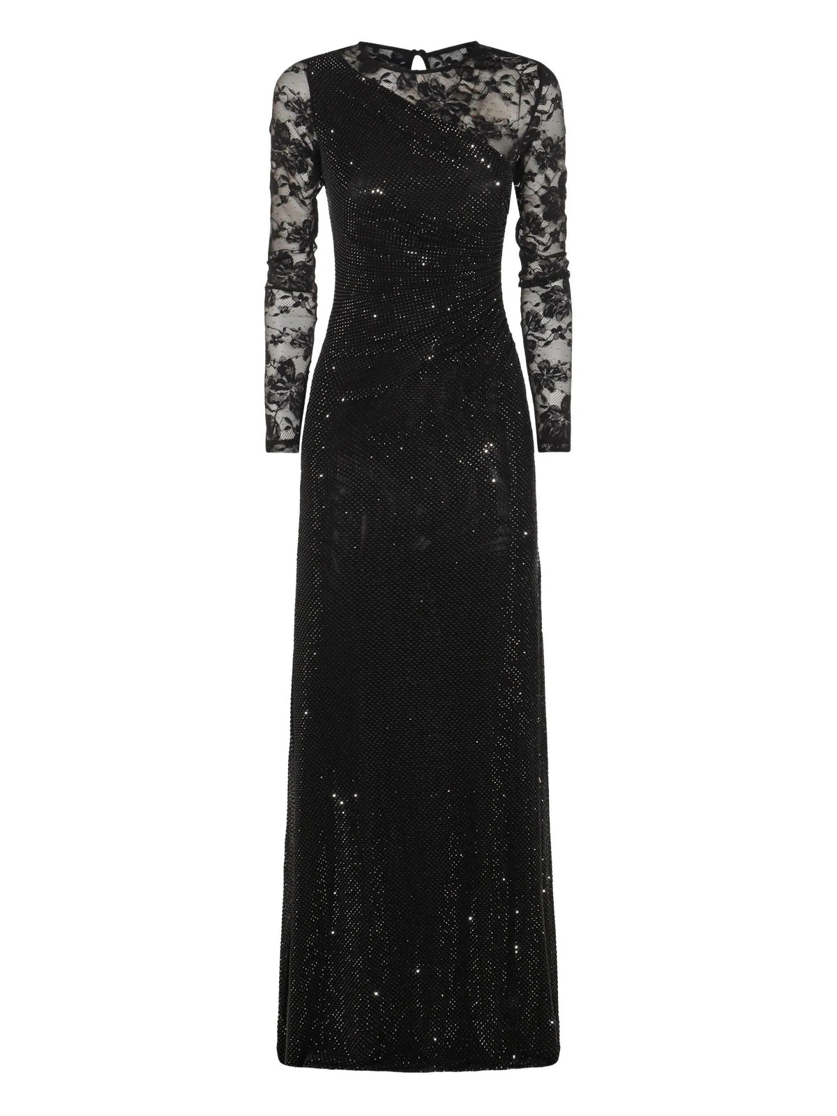 Long dress with lace and rhinestone sleeves