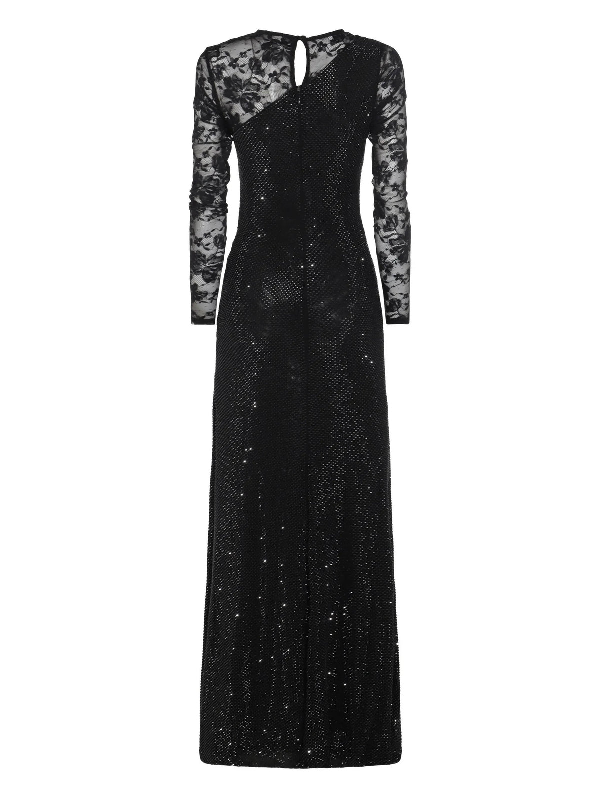 Long dress with lace and rhinestone sleeves