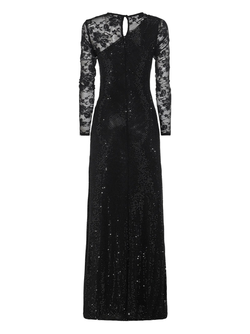 Long dress with lace and rhinestone sleeves