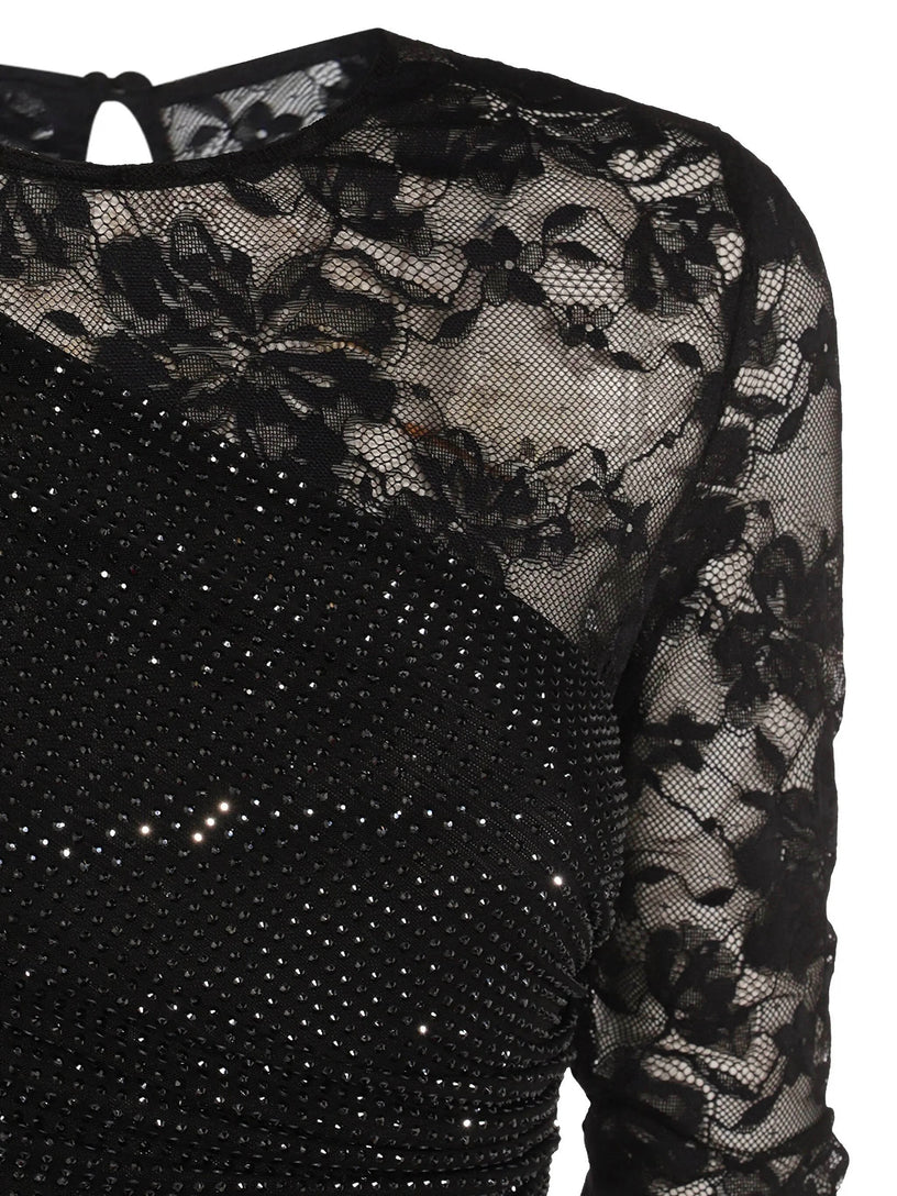 Long dress with lace and rhinestone sleeves