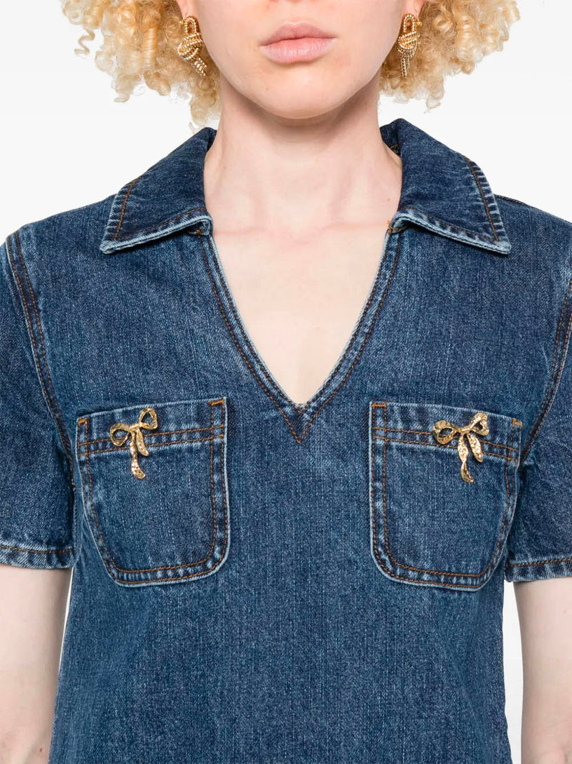 Denim Crystal Bow Mini Dress