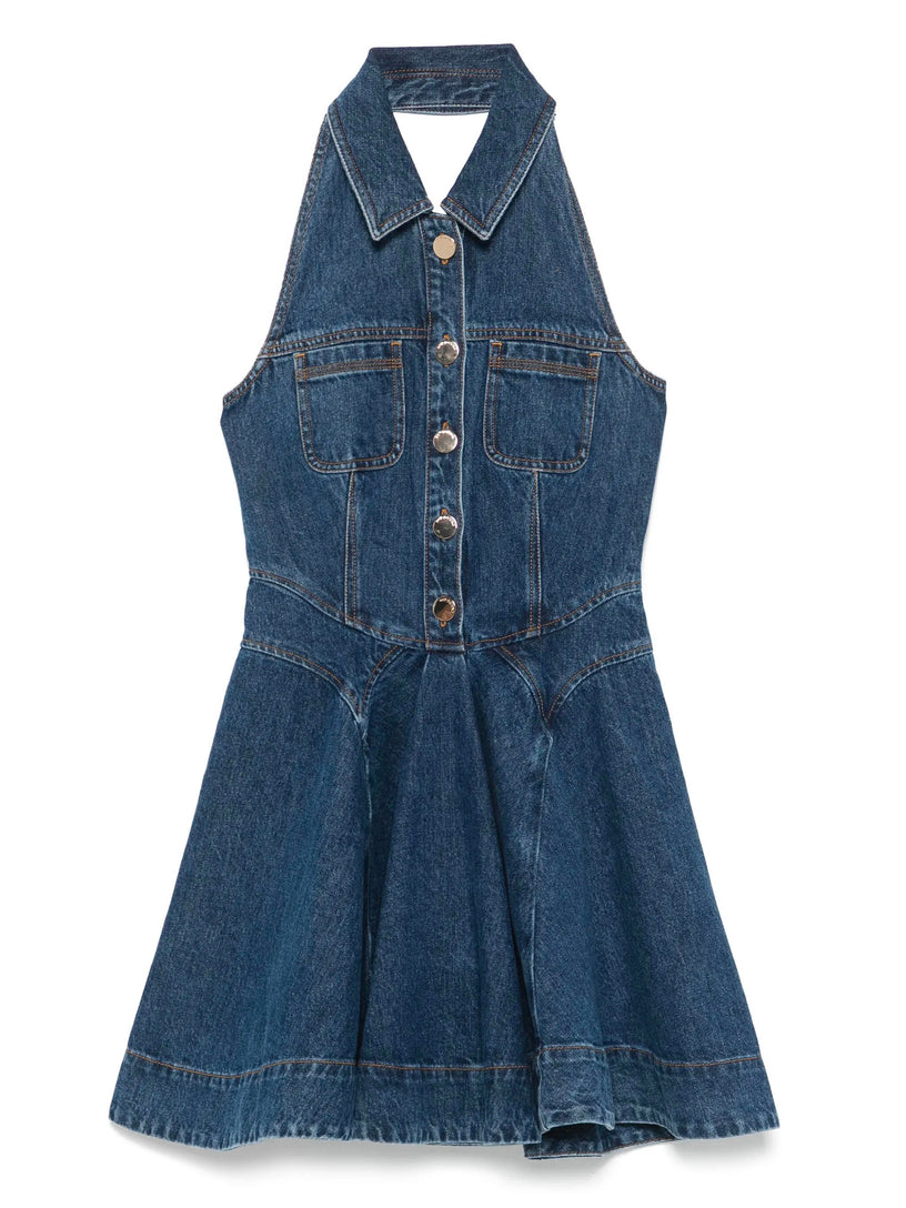 Denim Sleeveless Flared Mini Dress SELF PORTRAIT Blu