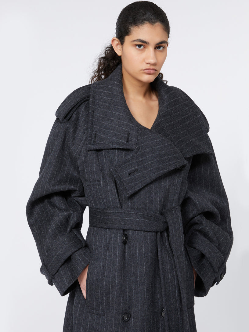 Pinstriped trench coat in pure wool