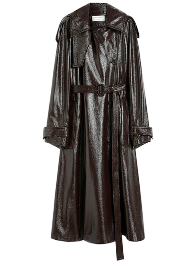 Long trench coat with patent leather effect