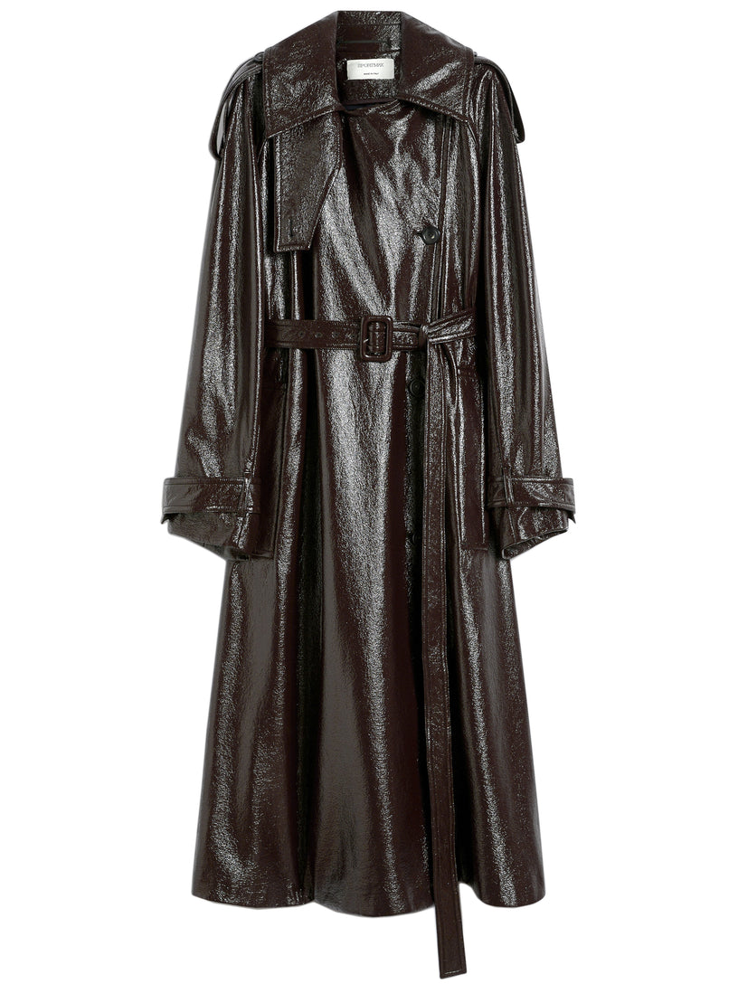 Long trench coat with patent leather effect