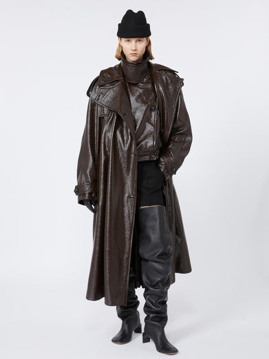 Long trench coat with patent leather effect