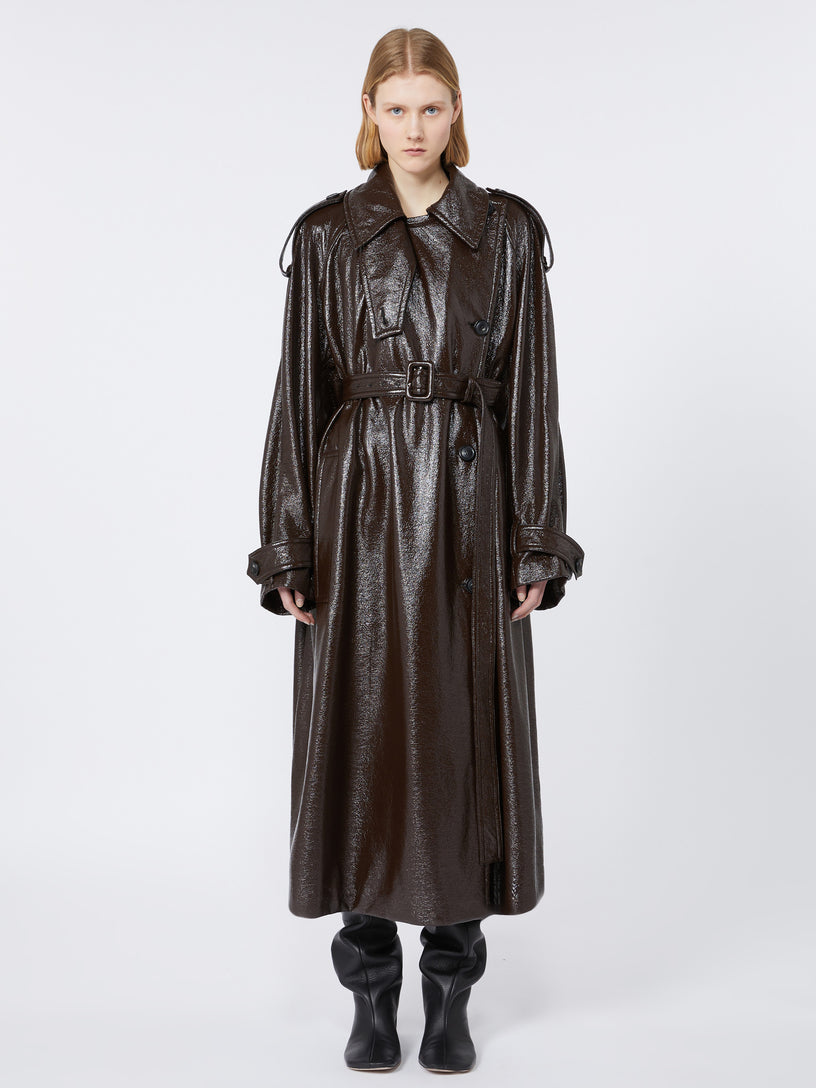 Long trench coat with patent leather effect