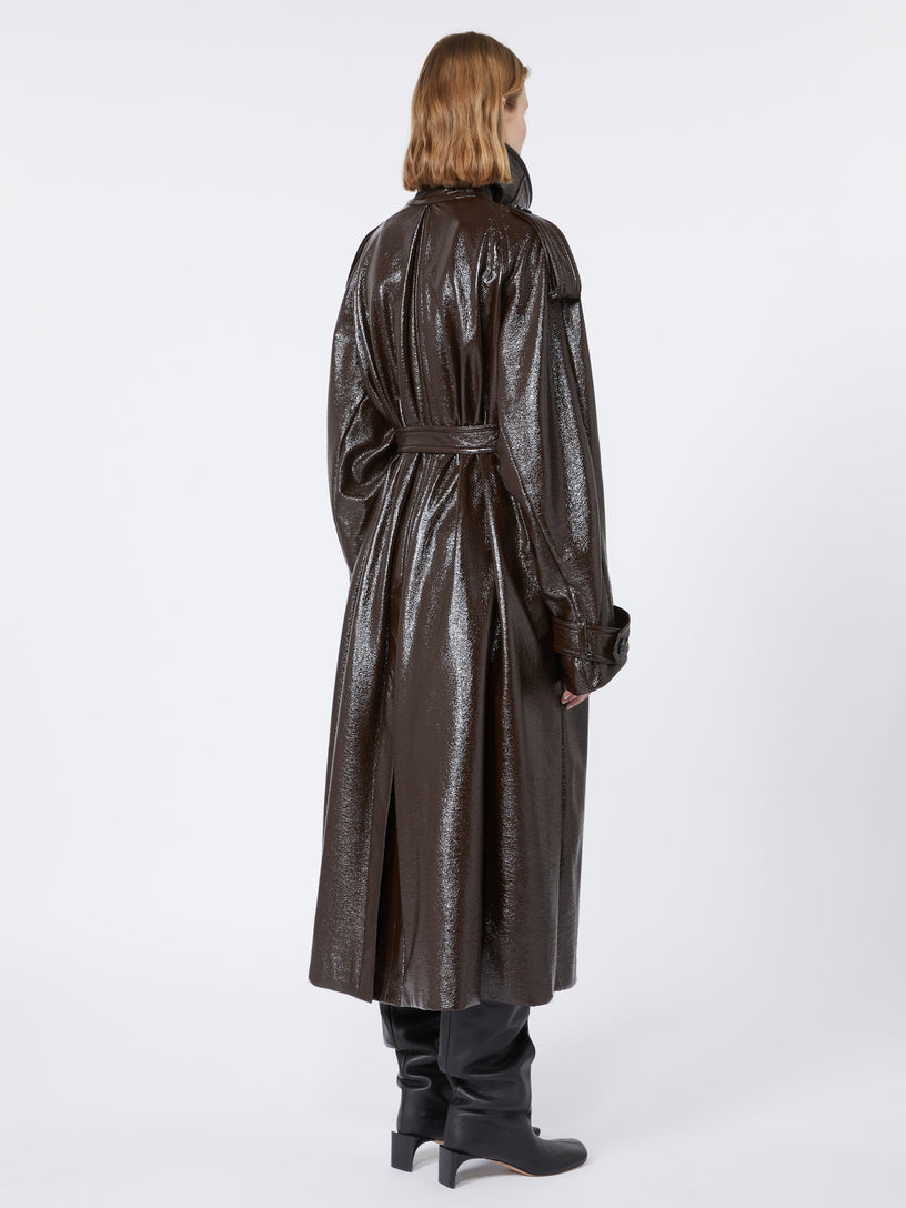 Long trench coat with patent leather effect