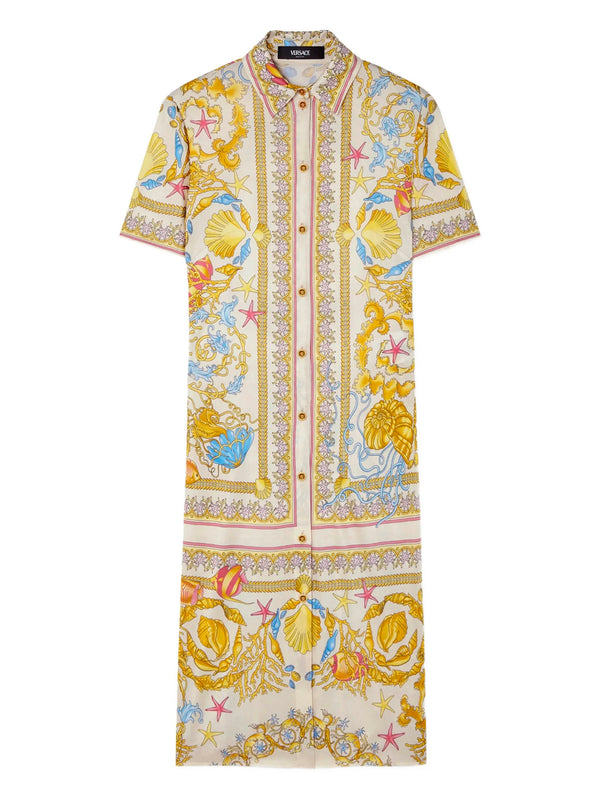 Underwater Barocco Fitted Midi Shirt Dress VERSACE Bianco